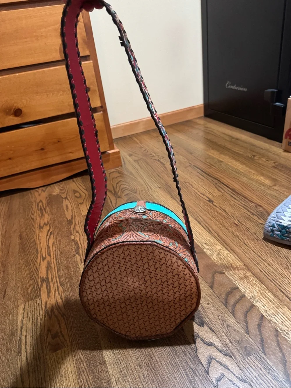 Handmade Turquoise Round Leather Crossbody Bag with Rodeo Motif